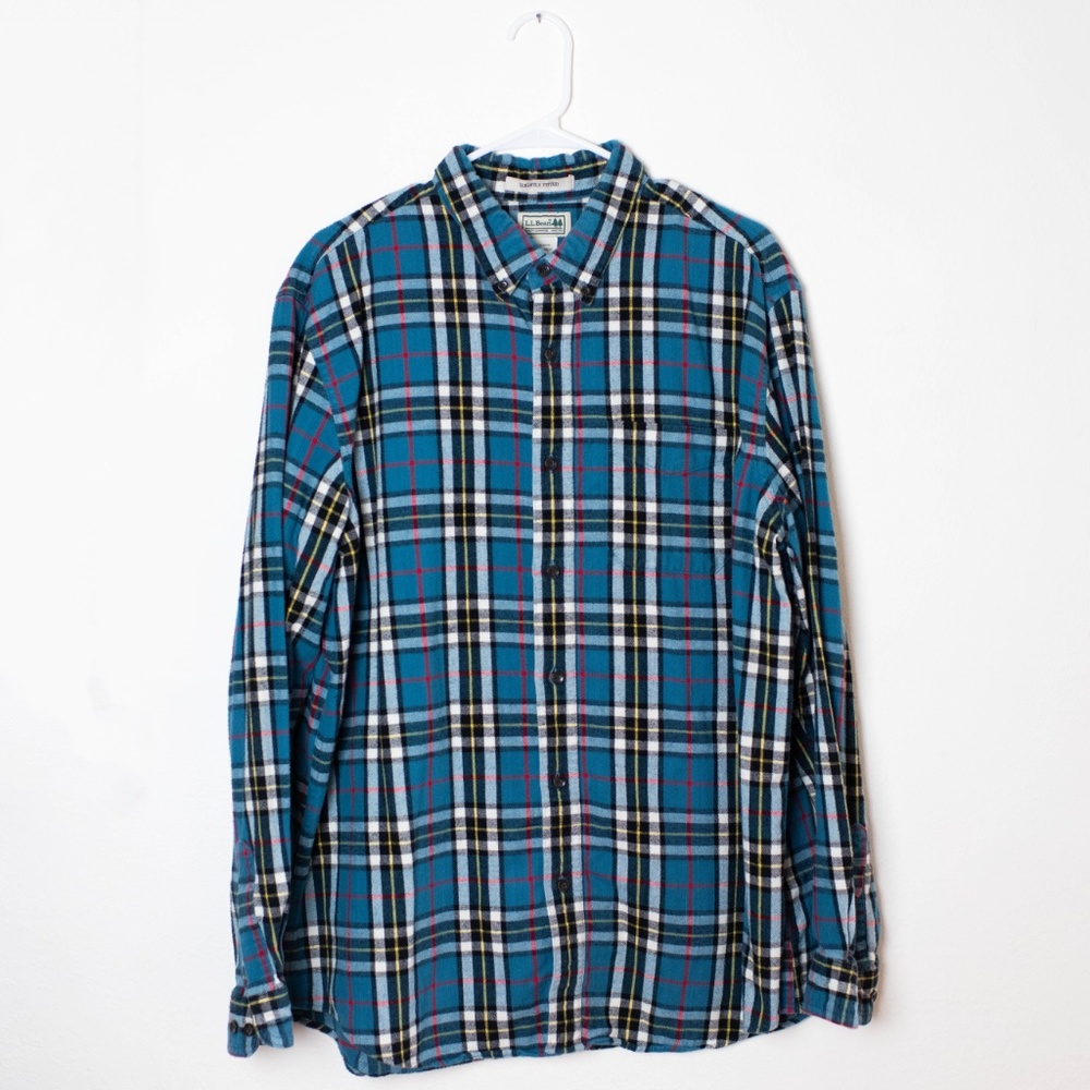 L.L. Bean Slightly Fitted Teal, Black & Red Cotton Flannel Shirt